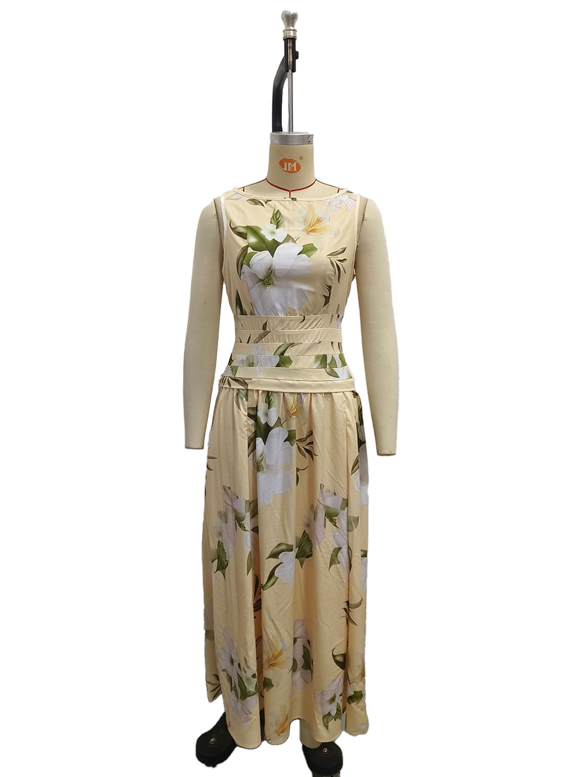 Mouwloze damesjurk met V-hals bloemenprint open rug en getailleerde lange rok