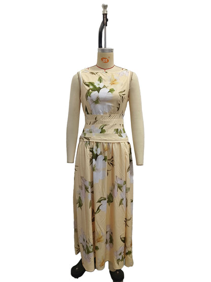 Mouwloze damesjurk met V-hals bloemenprint open rug en getailleerde lange rok