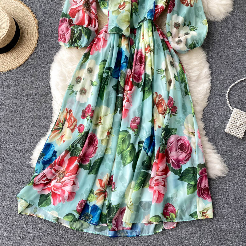 New Summer Print Chiffon Beach Dress Women Long Midi Big Swing Boho Vacation Dresses