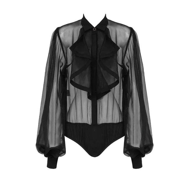 VC Ruffles Dresses For Women 2022 Summer New Trendy Long Sleeve Turndown Collar Loose One Piece Organza BodySuit