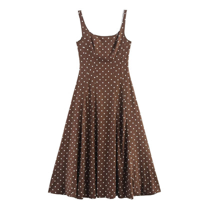 Versatile waist cinching polka dot suspender jumpsuit long skirt