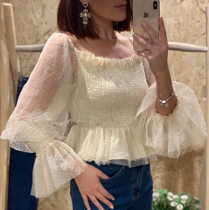 Women's Backless Pleated Mesh Top with Bubble Sleeves Chiffon Blouse