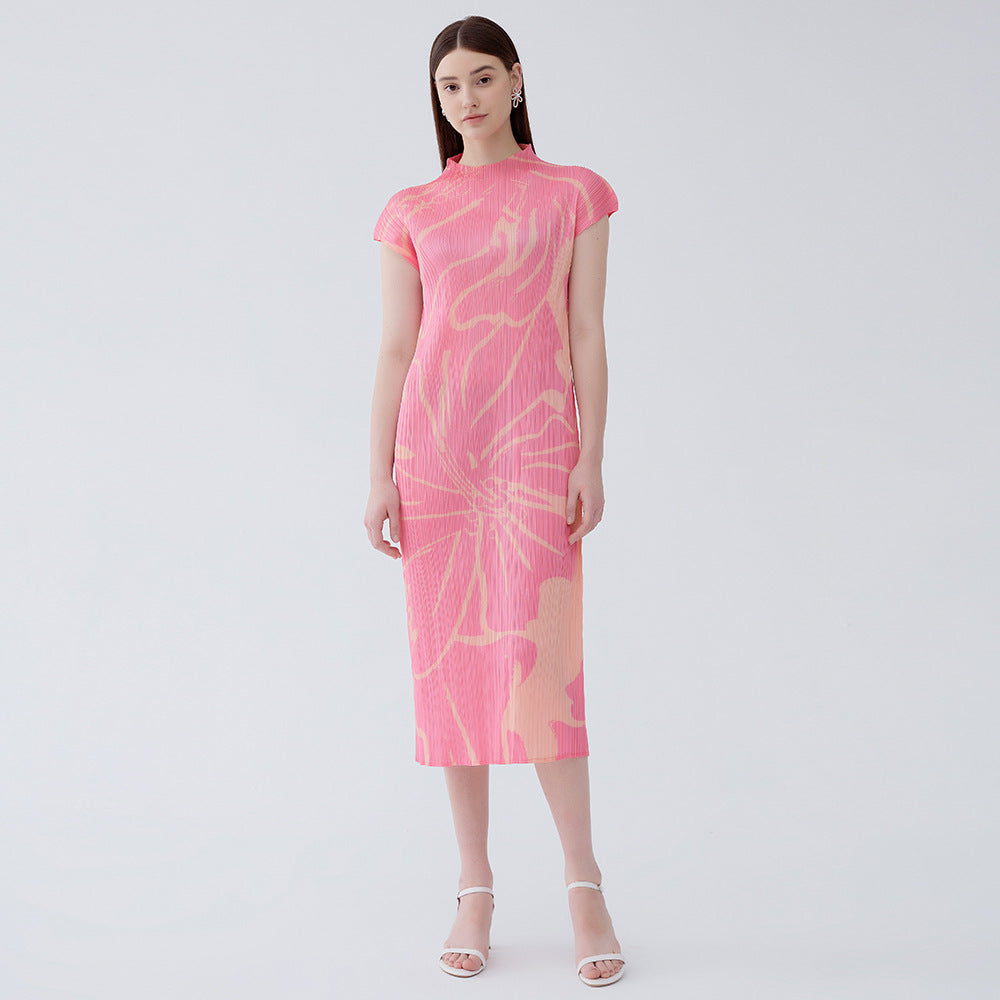 Summer new gentle pink temperament slim waist small sleeves printed pleated temperament dress for women