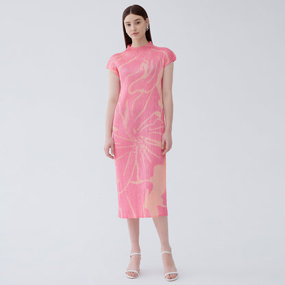 Summer new gentle pink temperament slim waist small sleeves printed pleated temperament dress for women