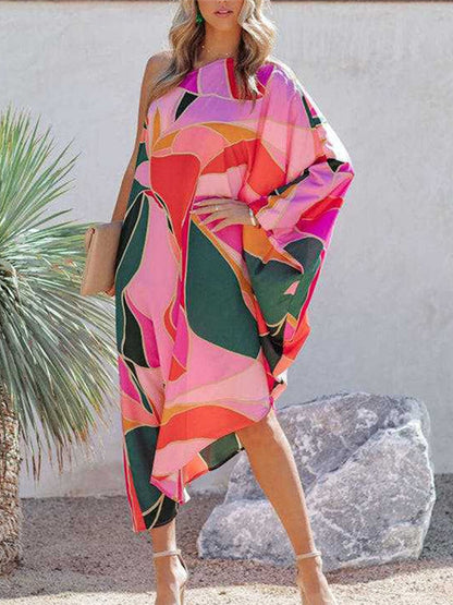 Sexy One Shoulder Midi Dress Women Summer Clothes Boho Print Street Wear Club Party Dresses Beach Holiday Sundresses New