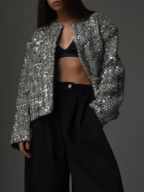 Elegante zilveren cropped jas met pailletten en chique ronde hals