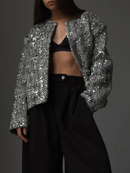 Elegante zilveren cropped jas met pailletten en chique ronde hals