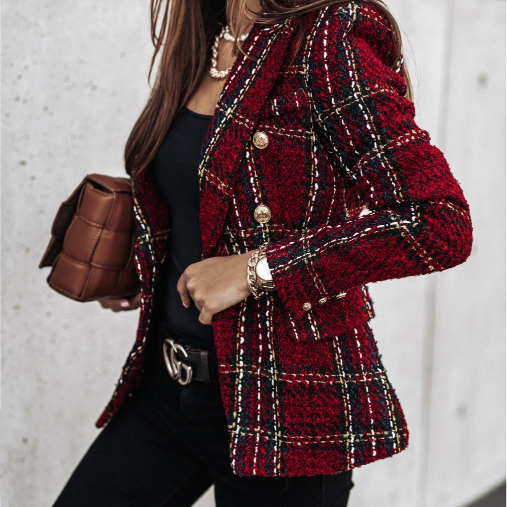 Autumn and winter new cross-border women's clothing hot selling suit long sleeved double breasted printed suit small jacket top