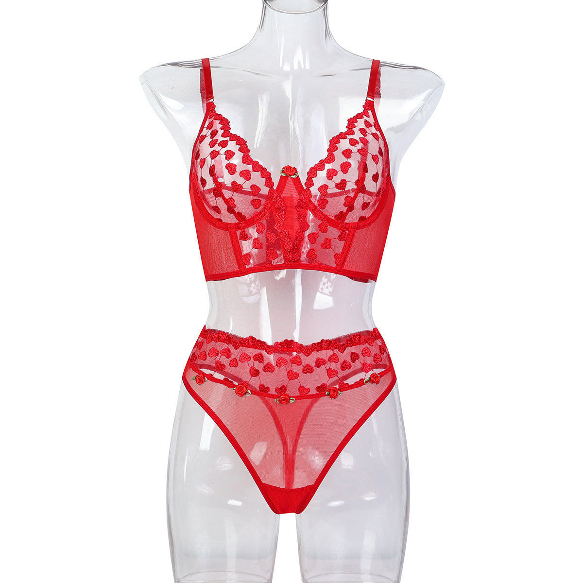 Red Heart Embroidery Rose Flower Sexy Lingerie Two-Piece Set