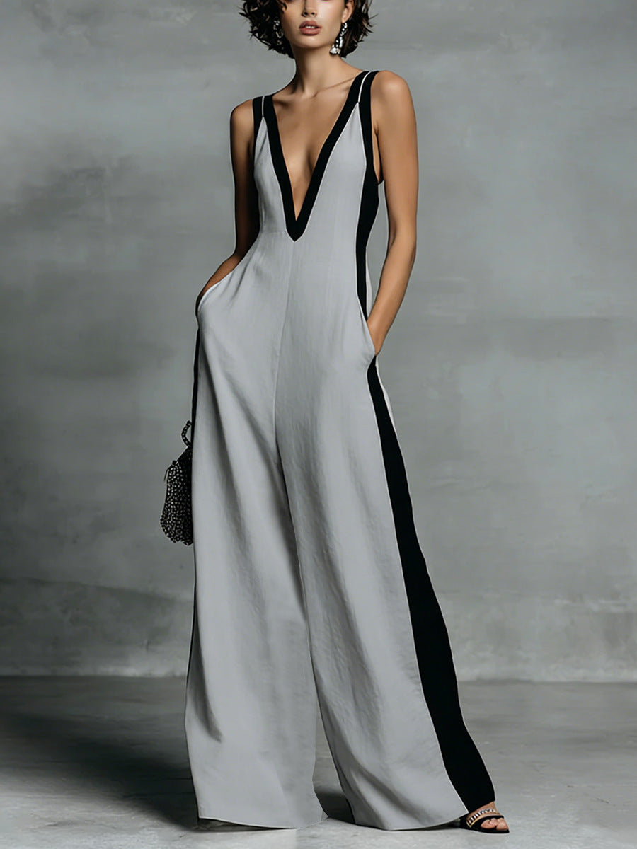 Fashion Color-block Sleeveless V-neck Wide-leg Jumpsuit for Women
