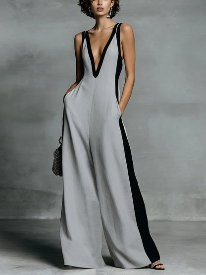 Fashion Color-block Sleeveless V-neck Wide-leg Jumpsuit for Women