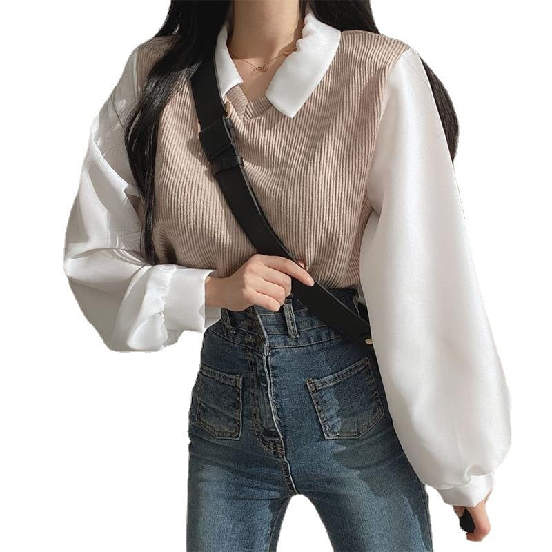 Chic Oversized Two-Piece Look Women's Long Sleeve Polo Neck Sweatshirt with Ribbed Stitching, Loose Fit and Versatile Casual Top