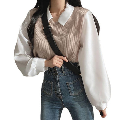 Chic Oversized Two-Piece Look Women's Long Sleeve Polo Neck Sweatshirt with Ribbed Stitching, Loose Fit and Versatile Casual Top