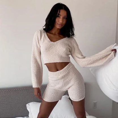 Casual Two Piece Sets Flare Sleeve Sweatshirts 2 Piece Shorts Set Sexy Fluffy Suits Lounge Set