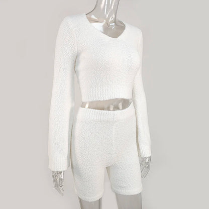Casual Two Piece Sets Flare Sleeve Sweatshirts 2 Piece Shorts Set Sexy Fluffy Suits Lounge Set