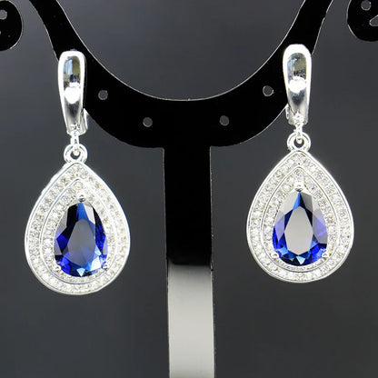 Water Drop Shaped Sapphire Silver 925 Jewelry Sets for Women Blue Gemstones Ring Earrings Necklace Bracelet Wedding