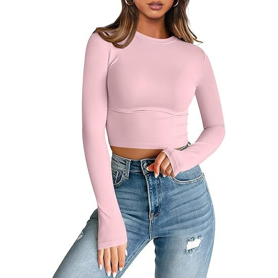 European and American style women long sleeves cropped T-shirt autumn top fashion basic slim hot girl shirt milk Silk women's clothing