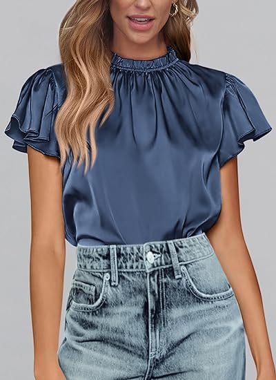 Women's summer satin shirt casual pleated short sleeves round neck party top
