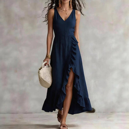 Cross-border foreign trade y2g summer women's V-neck sleeveless dress pink ruffled slit vacation style Beach maxi dress