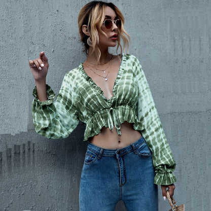 Spring Summer New Tie-Waist V-Neck Tie-Dye Blouse Women's Shirt |blouses,tops
