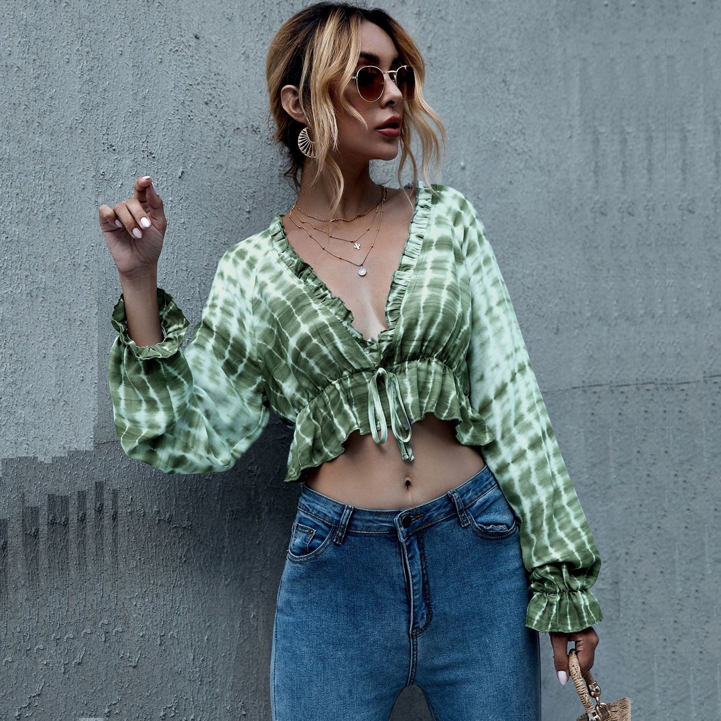 Spring Summer New Tie-Waist V-Neck Tie-Dye Blouse Women's Shirt |blouses,tops