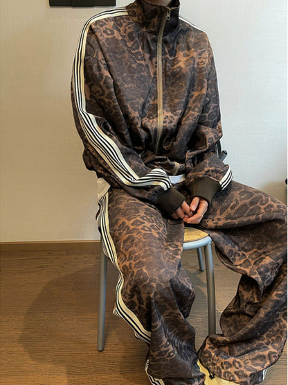 American Retro Leopard Print Sportswear Set Men