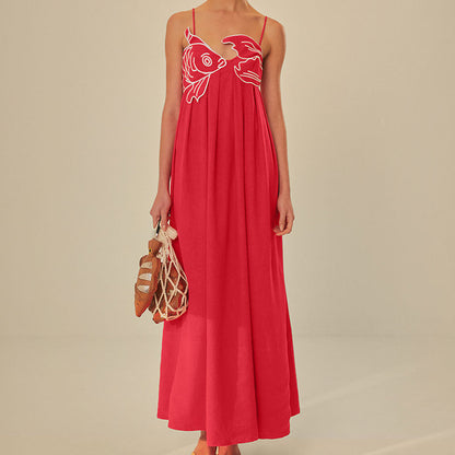 Europe and America cross border 2024 Summer new fashion elegant red fish-shaped top extra long dress backless slip dress