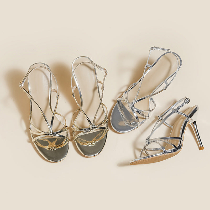 Silver lace-up high heels women's 2025 new summer ankle-strap stilettos elegant ladies sandals