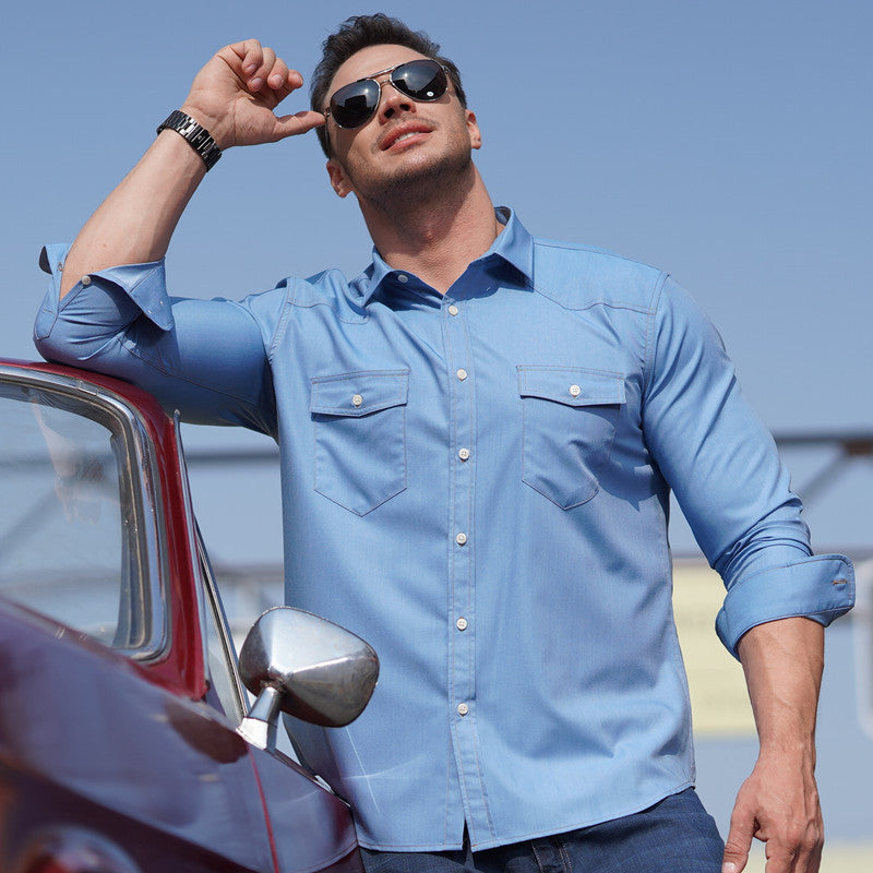 Plus size men's stretch Denim long-sleeved shirt fat guy Spring and Autumn new casual stylish multi-pocket shirt fat guy fashion