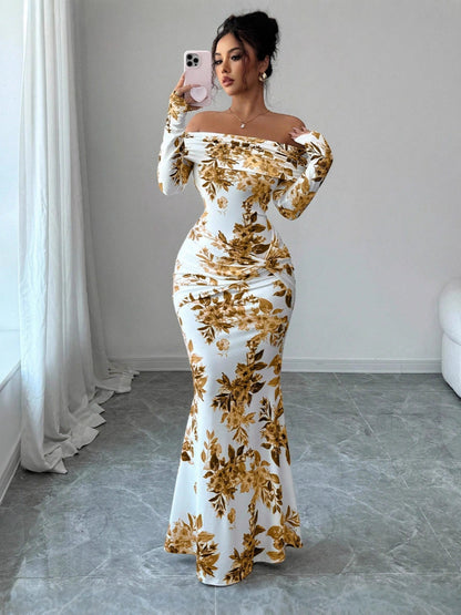 Europe and America cross border hot sale 2026 autumn new printed long dress elegant slim off-shoulder long sleeve dress for women now