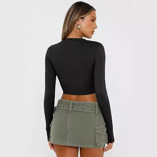 European and American style women long sleeves cropped T-shirt autumn top fashion basic slim hot girl shirt milk Silk women's clothing