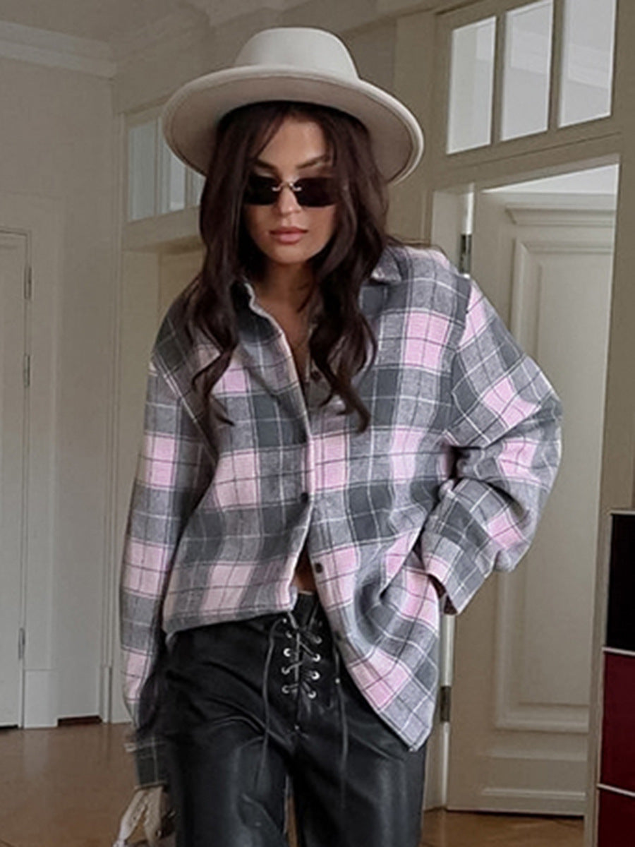 Spring New Color Block Plaid Shirt Loose Casual Women's Shirt Cardigan |tops