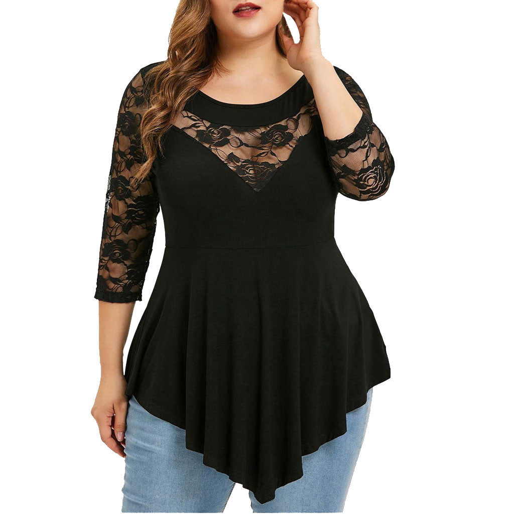 European and American plus size women's clothes lace patchwork round neck 7-point sleeve t-shirt women's loose slimming irregular top foreign trade Wholesale