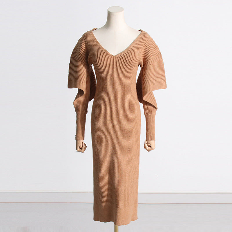 European and American simple personalized 2025 Autumn New irregular sleeve design waist trimming knitted dress women