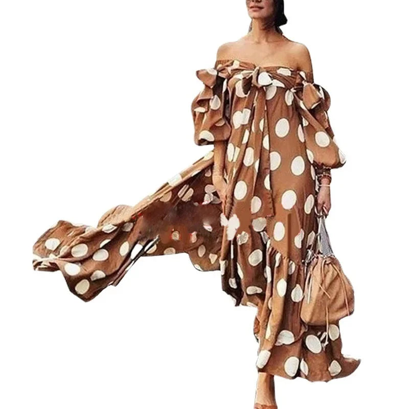 2025 European and American Foreign trade cross-border women's clothing dress Amazon off-shoulder polka dot casual bohemian maxi dress