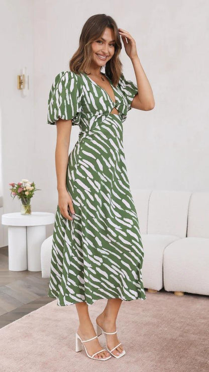 2023 Europe and America cross border independent station fresh sweet style printed V-neck A- line midi dress long dress ruffle sleeve