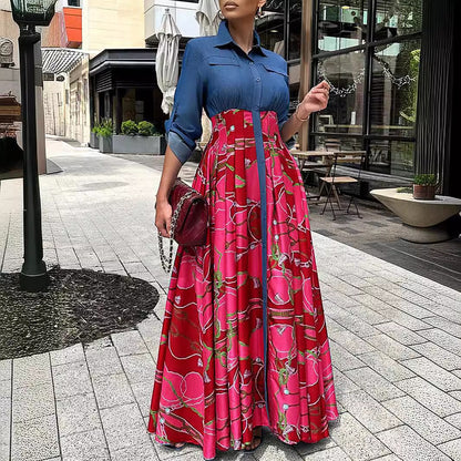European plus size denim patchwork print dress