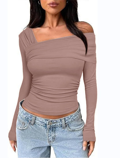 Amazon hot selling product 2025 spring and autumn Women's One shoulder long-sleeved shirt pleated going out tops slim y2g shirt