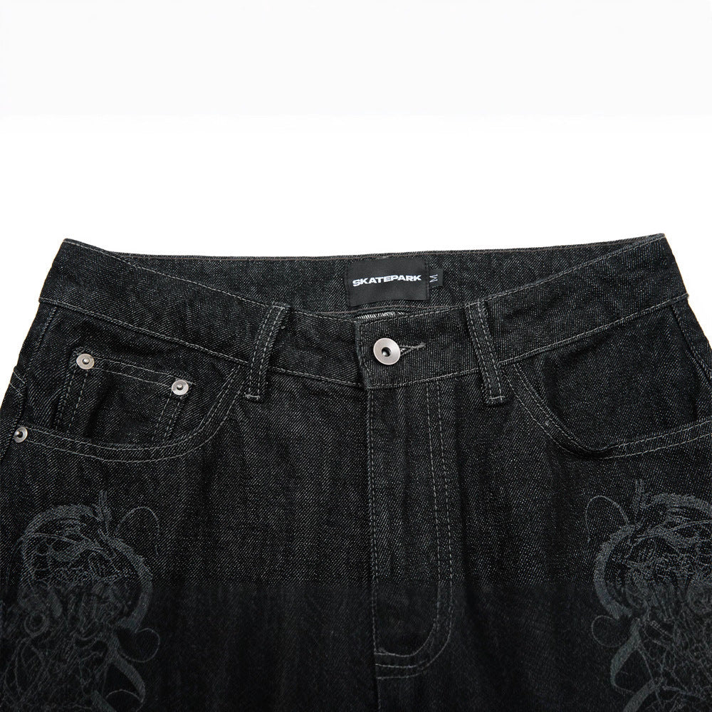 High-Street Men's Laser-Burnt Straight-Leg Denim Jeans, Trendy Loose Fit Casual Pants for Men