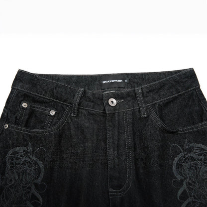 High-Street Men's Laser-Burnt Straight-Leg Denim Jeans, Trendy Loose Fit Casual Pants for Men