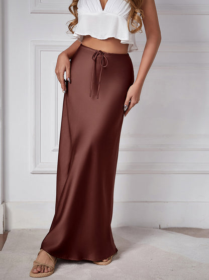 2024 Amazon high quality satin maxi dress high waist drawstring lace up solid skirt women cross-border women's clothing in stock