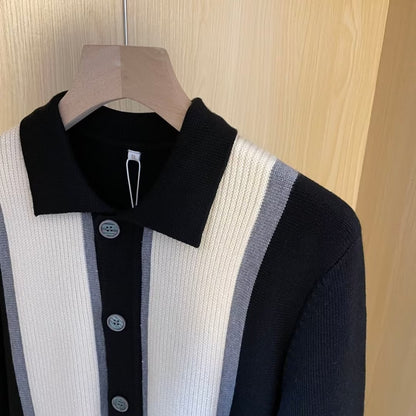 Knitted Long-Sleeved Men's Striped Cardigan Jacket Polo Shirt
