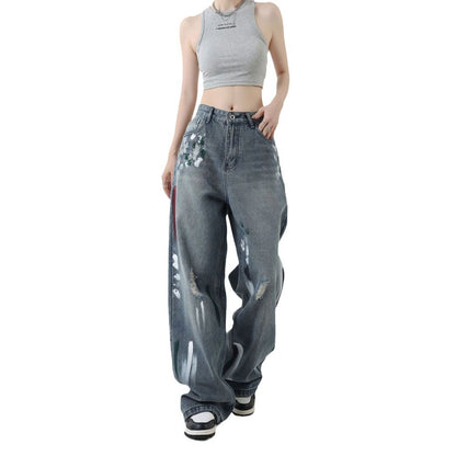 American retro splash-ink design ripped straight jeans women's summer loose High Street casual all-matching long pants