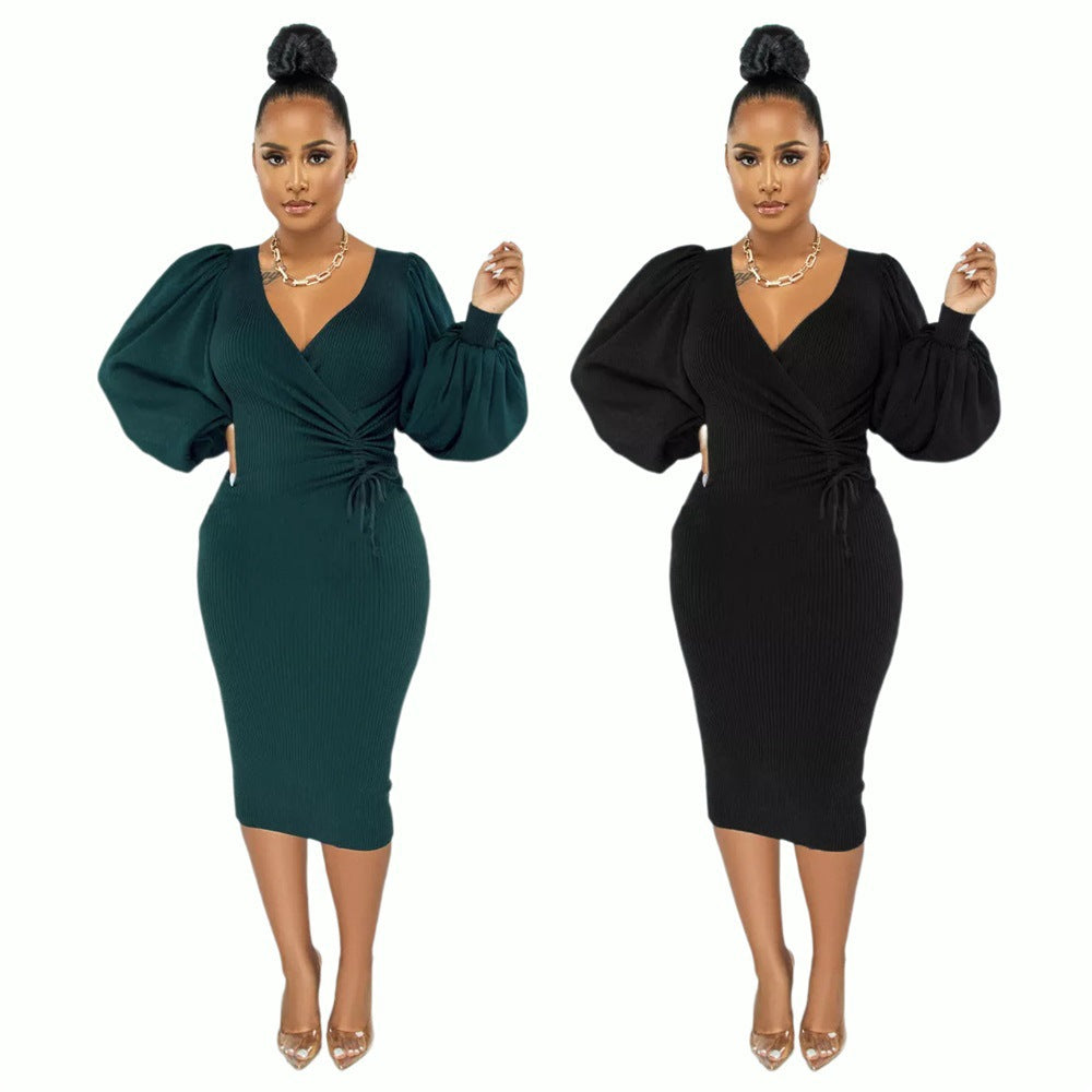 9958 Europe and America cross border Amazon solid color mid-length puff sleeve slim women's clothing dress