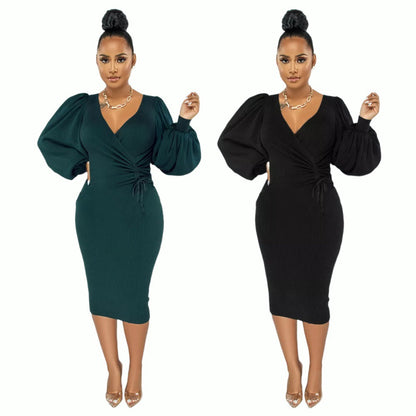 9958 Europe and America cross border Amazon solid color mid-length puff sleeve slim women's clothing dress