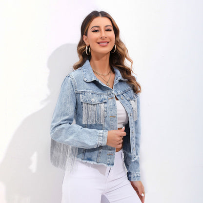 S177# plus size Denim coat women's jacket new products in stock AliExpress Amazon I tassel patchwork denim jacket Denim coat