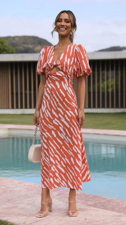 2023 Europe and America cross border independent station fresh sweet style printed V-neck A- line midi dress long dress ruffle sleeve