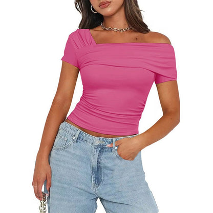 Amazon cross-border foreign trade Women's One shoulder short sleeve shirt pleated T-shirt y2g solid color slim shirt