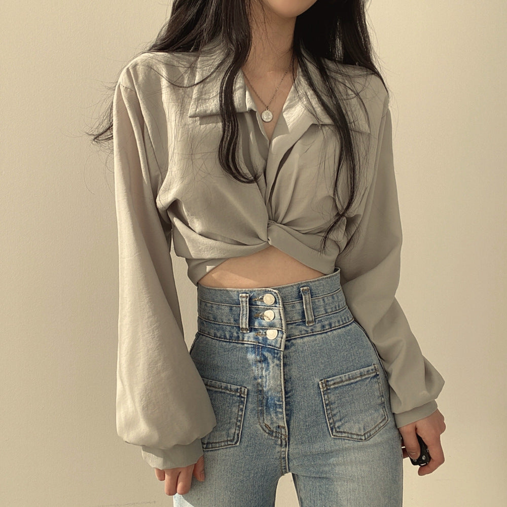 Summer Korean new French minority design back lace-up butterfly Dew navel short shirt top for women