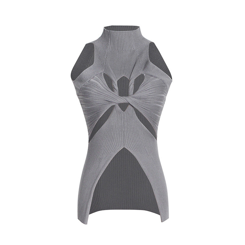 European and American 2025 spring new high neck sleeveless irregular with personality hollow design high-grade women's knitted vest